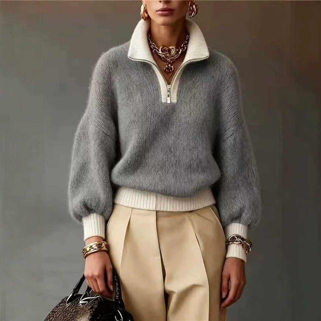 Damen Flauschiger Pullover mit halbem Reißverschluss, Stehkragen und Ballonärmeln Drune