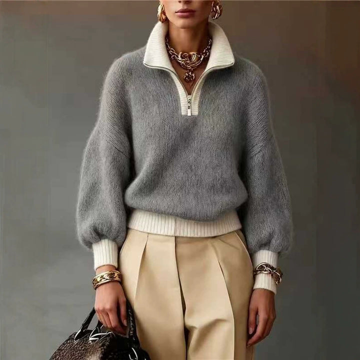 Damen Flauschiger Pullover mit halbem Reißverschluss, Stehkragen und Ballonärmeln Drune