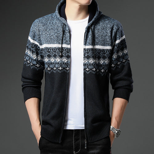 Herren Strick-Zip-Hoodie mit Norwegermuster, Kapuze und Eingrifftaschen Drune