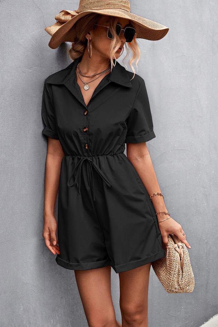 Damen Jumpsuit mit kurzen Ärmeln und taillierbarem Kordelzug Drune