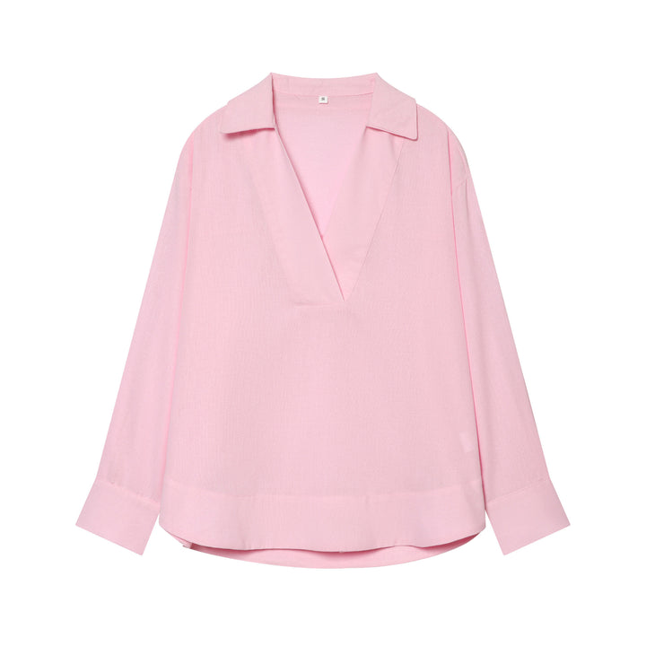 Damen Locker fallende Leinenoptik Bluse mit V‑Ausschnitt, Hemdkragen und Umschlagmanschetten Drune