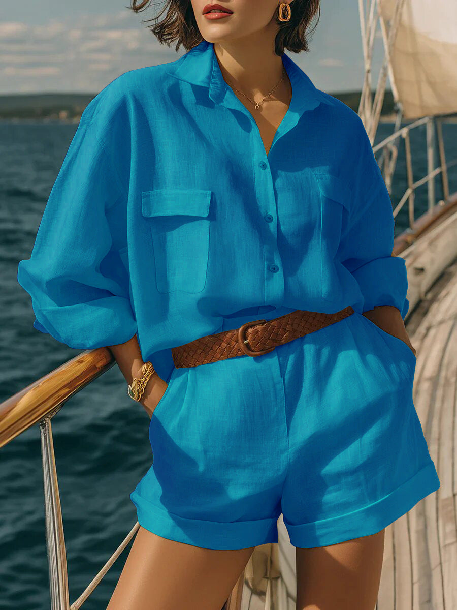 Damen Luftiges Kurzarm-Hemd und Shorts-Set Drune