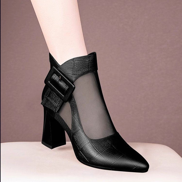 Damen Elegante Stiefeletten mit Transparente Einsätze und Blockabsatz Drune