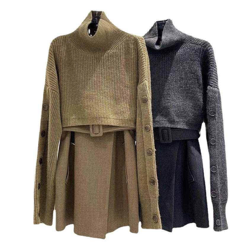 Damen Kurzgeschnittener Rollkragen-Bolero-Überwurf mit langen Ärmelknöpfen Drune