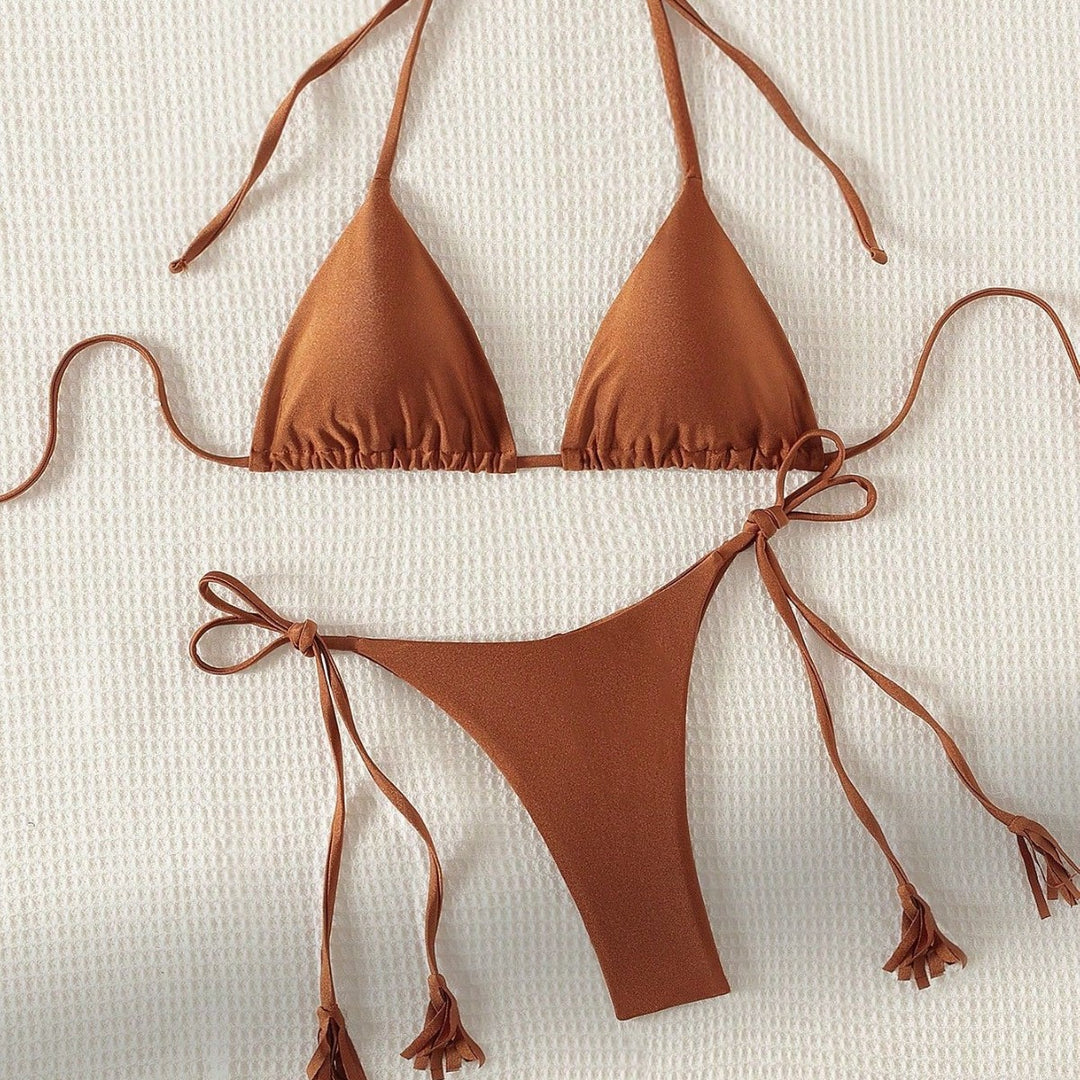 Damen Triangel-Bikini mit seitlichem Bindeband und glänzender Oberfläche Drune