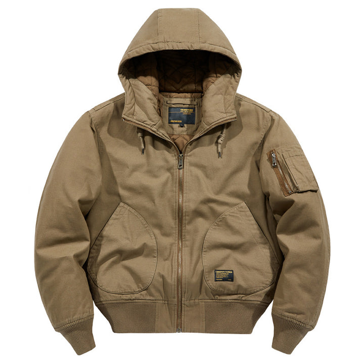 Herren  isolierte Kapuzen-Canvas-Arbeitsjacke Bomber mit geschwungenen Handtaschen und verstärktem Ärmel-Reißverschlussfach Drune