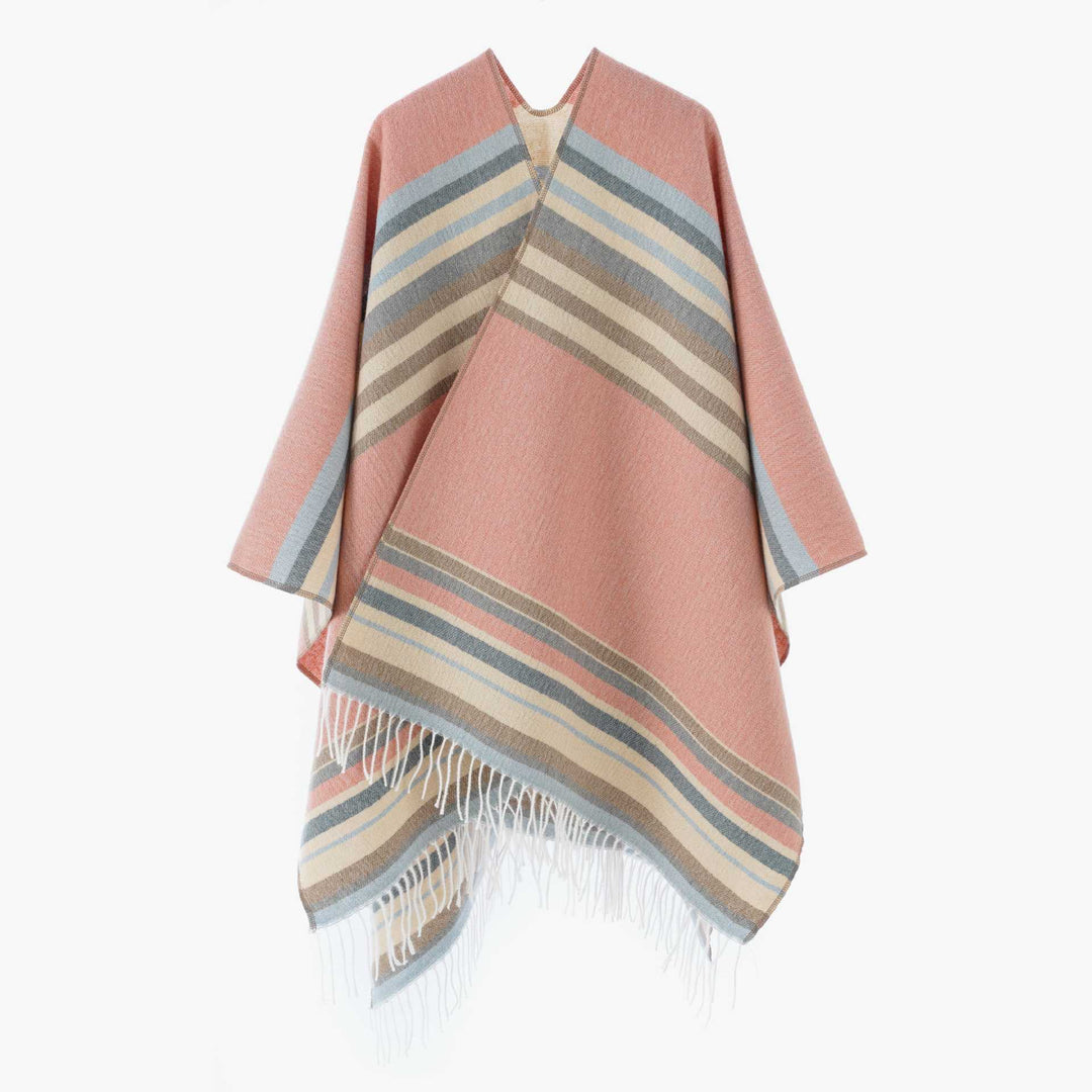 Damen kastiger Capeponcho mit V-Ausschnitt, feinem Fransensaum und gestreifter Webstruktur Drune
