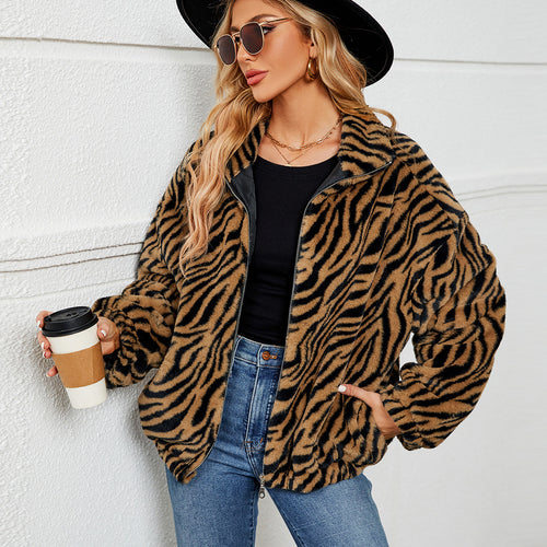 Damen Fleece-Jacke mit Zebra-Muster Drune
