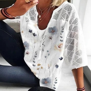 Damen nan V-Ausschnitt-Tunika mit Ajourstrick-Ärmeln und dezentem Aquarell-Blumenprint Drune
