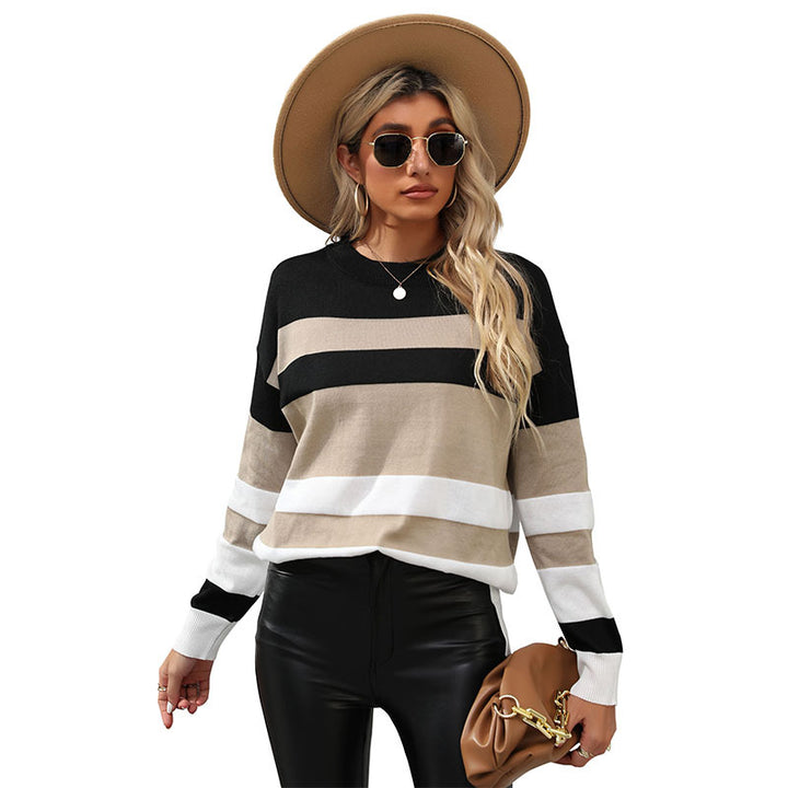 Damen Gestreifter Oversize-Feinstrickpullover mit Rundhalsausschnitt und Rippbündchen Drune