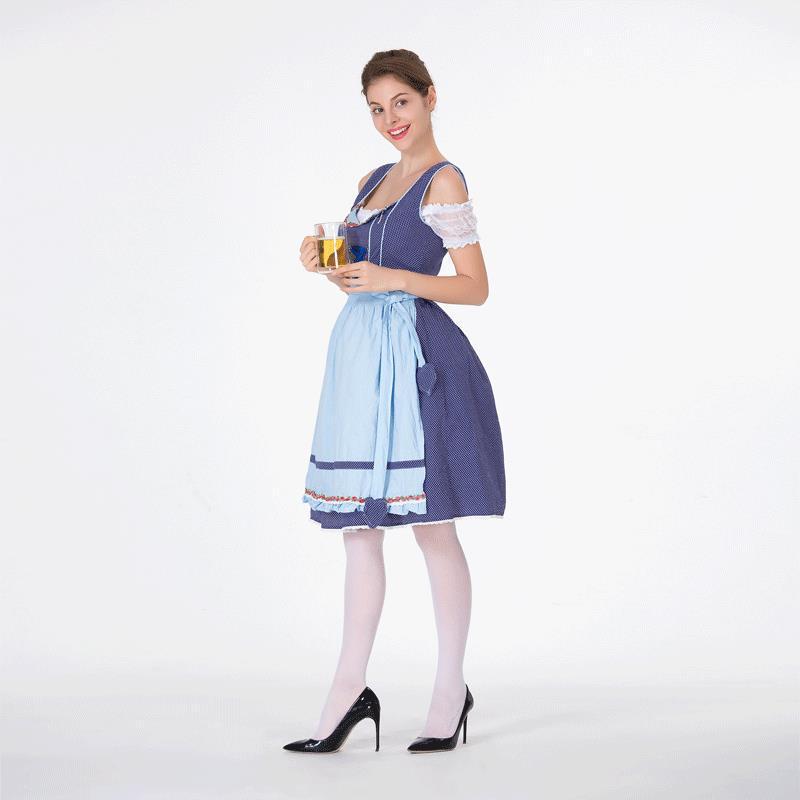 Damen nan bayerisches Trachtenkleid mit gepunktetem Mieder, Spitzeneinsätzen und geraffter Schürze Drune
