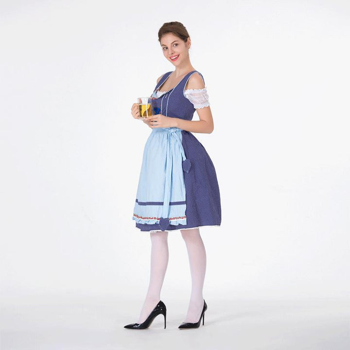 Damen nan bayerisches Trachtenkleid mit gepunktetem Mieder, Spitzeneinsätzen und geraffter Schürze Drune