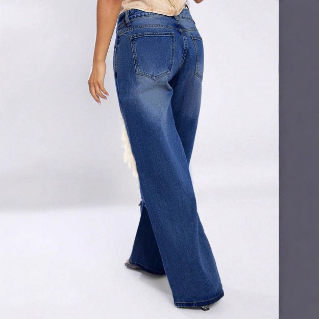 Damen extraweite Destroyed-Denim-Jeans mit großen Knieausbrennungen und hoher Taille Drune