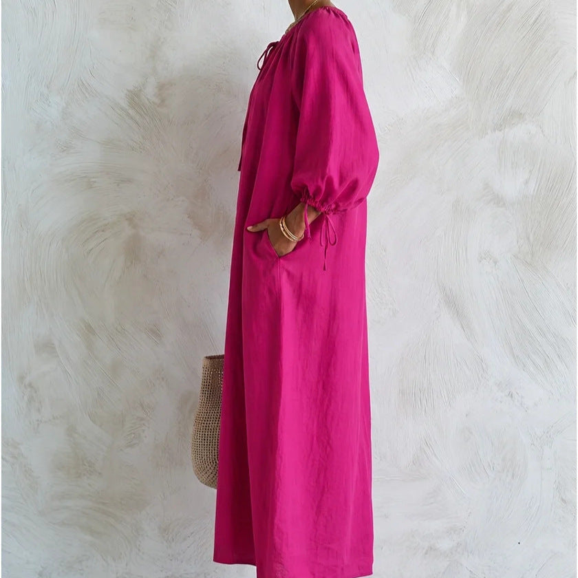 Damen Maxikleid im Kaftan-Stil mit gerafftem Rundhalsausschnitt, Ballonärmeln und Eingrifftaschen Drune