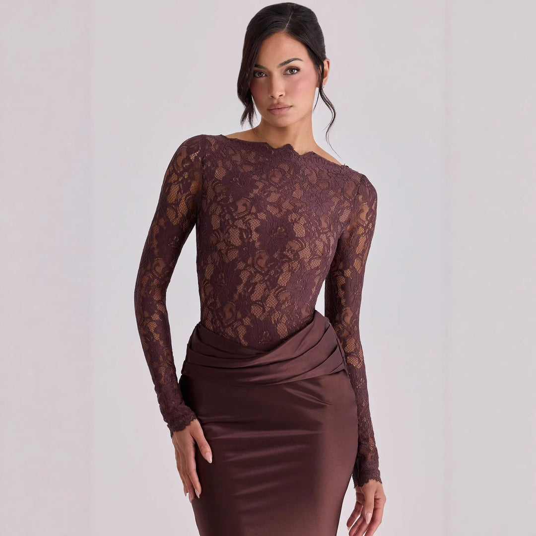 Damen Elegantes Spitzenoberteil mit fließendem Satinkleid Drune
