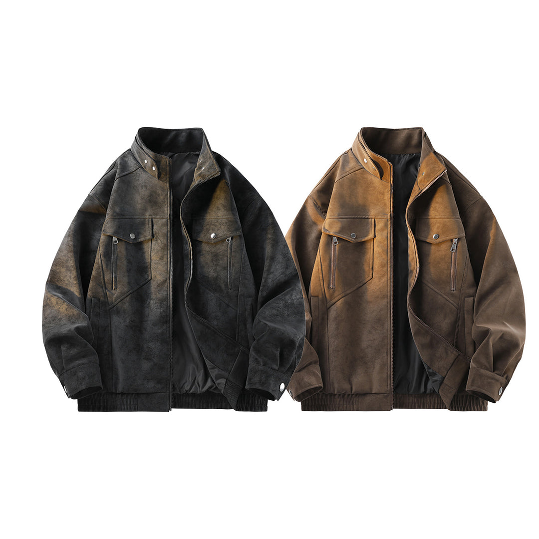 Herren Vintage-Optik Wildlederjacke mit Stehkragen, Utility-Taschen und Reißverschluss Drune