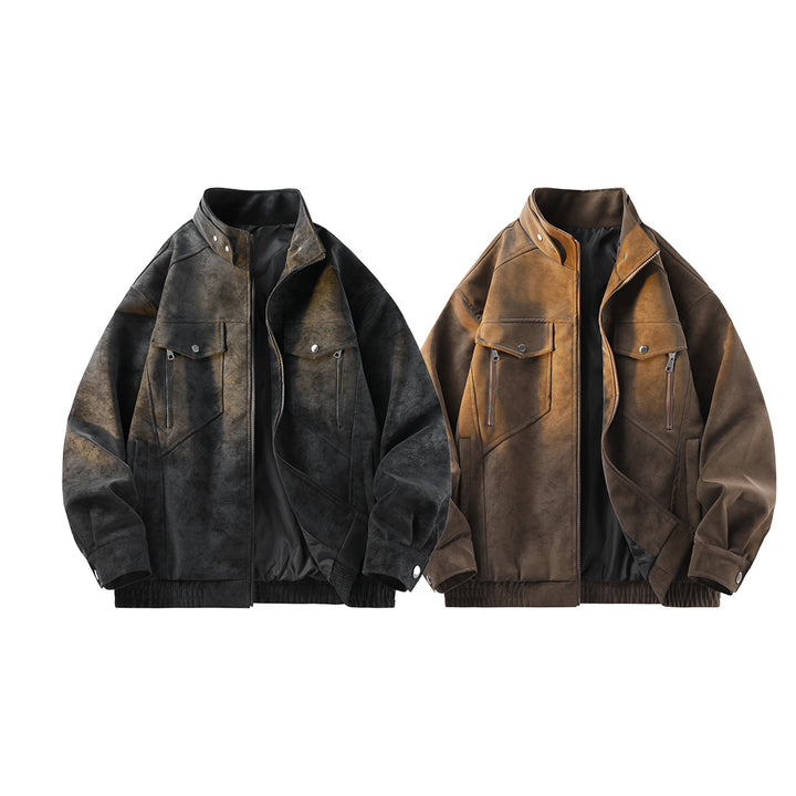 Herren Vintage-Optik Wildlederjacke mit Stehkragen, Utility-Taschen und Reißverschluss Drune
