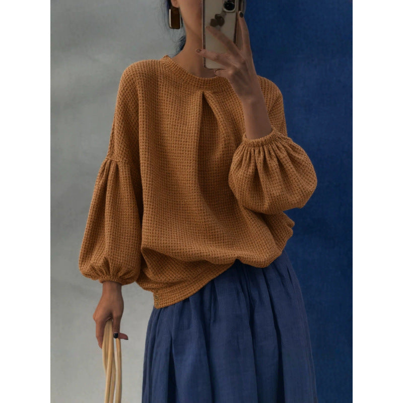 Damen Oversize Waffelstrickpullover mit Ballonärmeln und Kellerfalte Drune