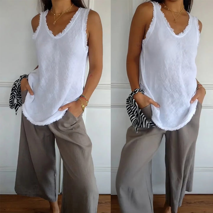 Damen nan lässiges Leinenoptik-Tanktop mit ausgefranstem Saum U-Ausschnitt und lockerer Hüftlänge Drune
