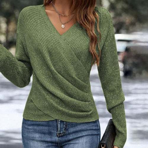 Damen nan figurbetonter Wickel-Strickpullover mit V-Ausschnitt und feiner Rippenstruktur Drune