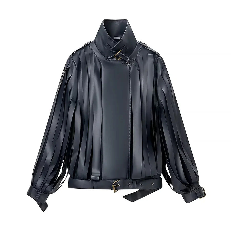 Damen nan kunstleder-blousonjacke mit Streifenfransen, Stehkragen und Taillengürtel Drune