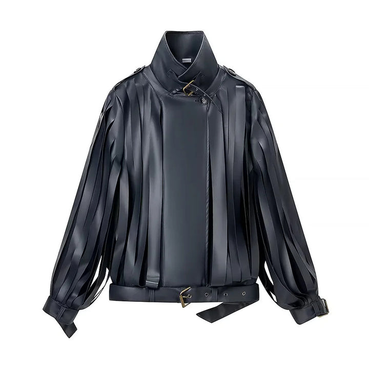 Damen nan kunstleder-blousonjacke mit Streifenfransen, Stehkragen und Taillengürtel Drune