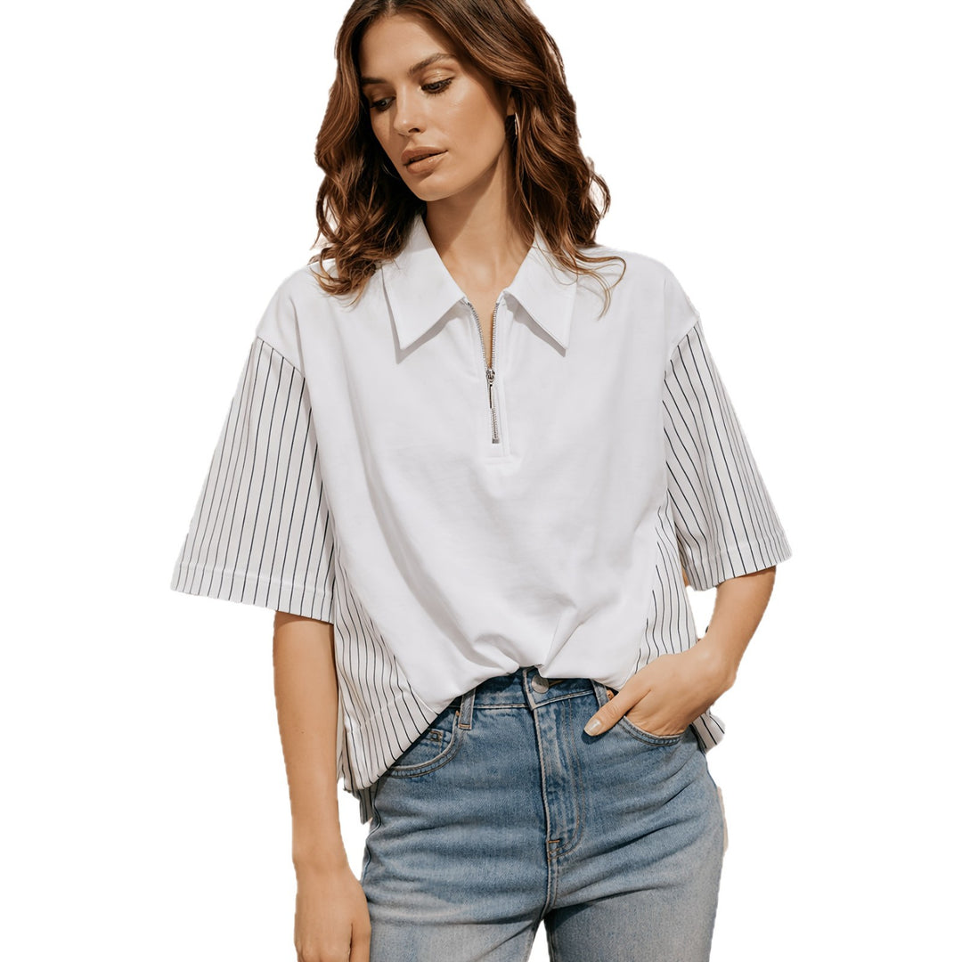 Damen Modisches Polo Shirt mit trendigen Streifen und Reißverschluss Drune