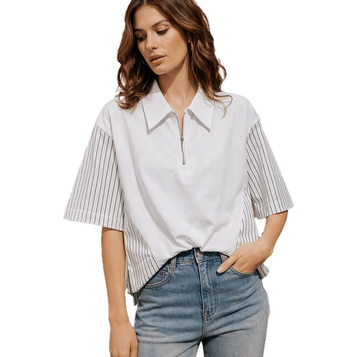 Damen Modisches Polo Shirt mit trendigen Streifen und Reißverschluss Drune