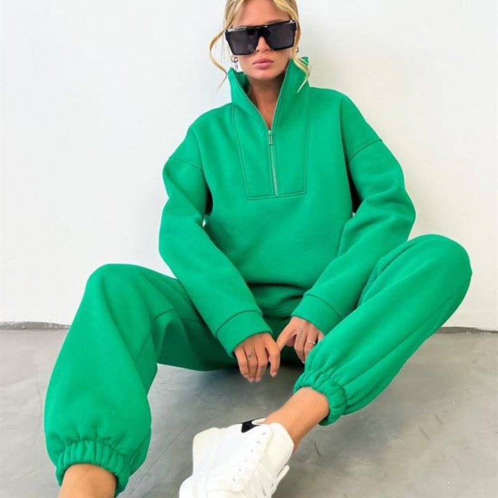 Damen Oversize-Halbzip-Lounge-Set aus schwerem French-Terry mit hohem Stehkragen Drune