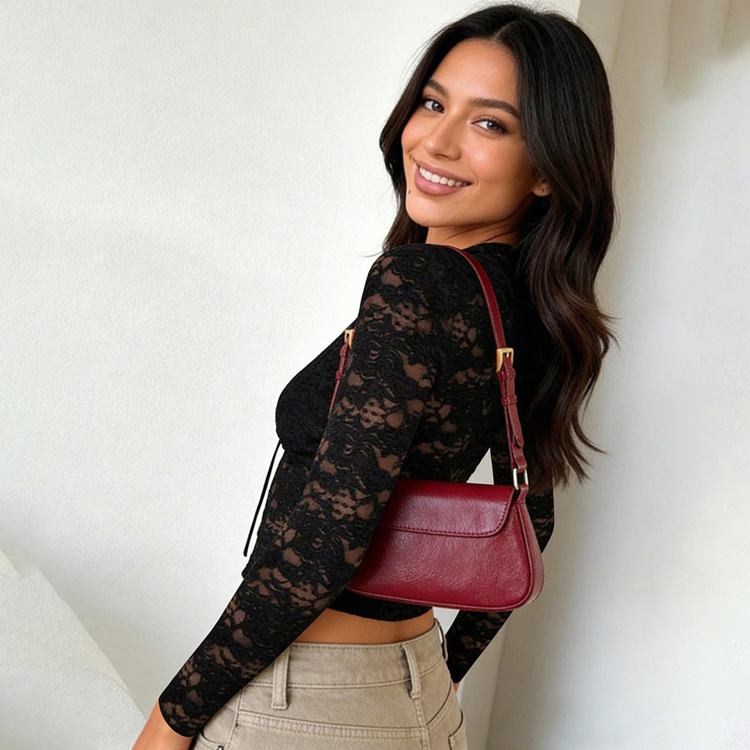 Damen Transparentes Spitzen-Cropped-Top mit langen Ärmeln und Satinschleife Drune