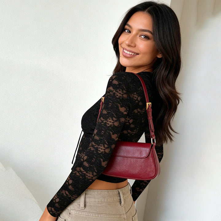 Damen Transparentes Spitzen-Cropped-Top mit langen Ärmeln und Satinschleife Drune