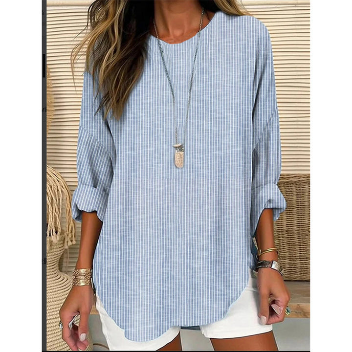 Damen Casual Leinenlook Lange Bluse mit feinen Streifen Drune