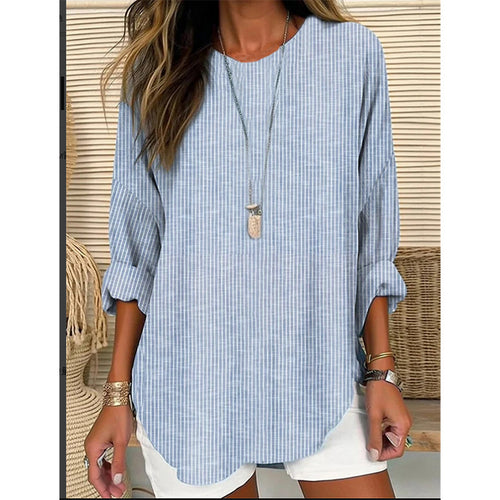 Damen Casual Leinenlook Lange Bluse mit feinen Streifen Drune
