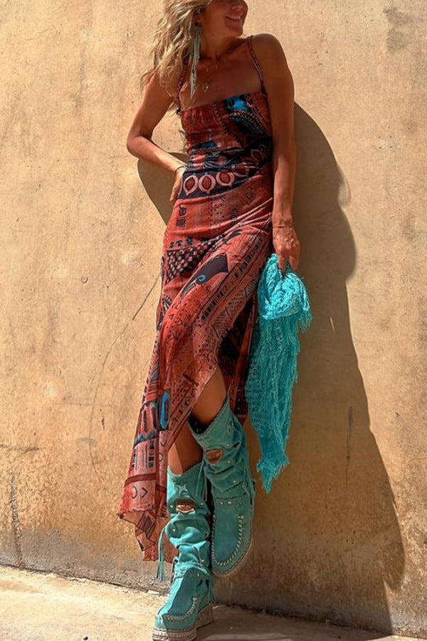 Damen Maxikleid mit asymmetrischem Ethno-Muster und schmalen Spaghettiträgern Drune
