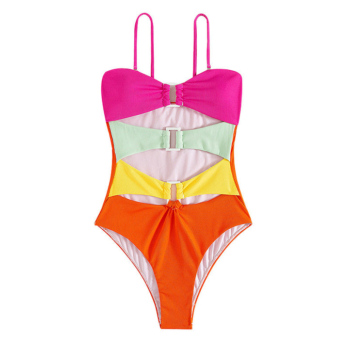 Damen Einteiler Badeanzug mit buntem mehrlagigem Design und Schnalle Drune