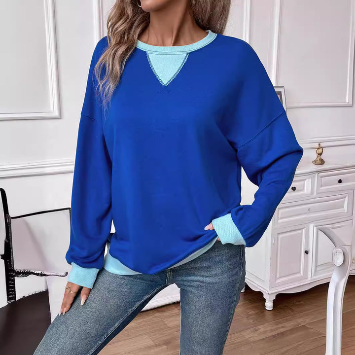 Damen lässiges Sweatshirt mit V-Ausschnitt und Kontrastbündchen Drune