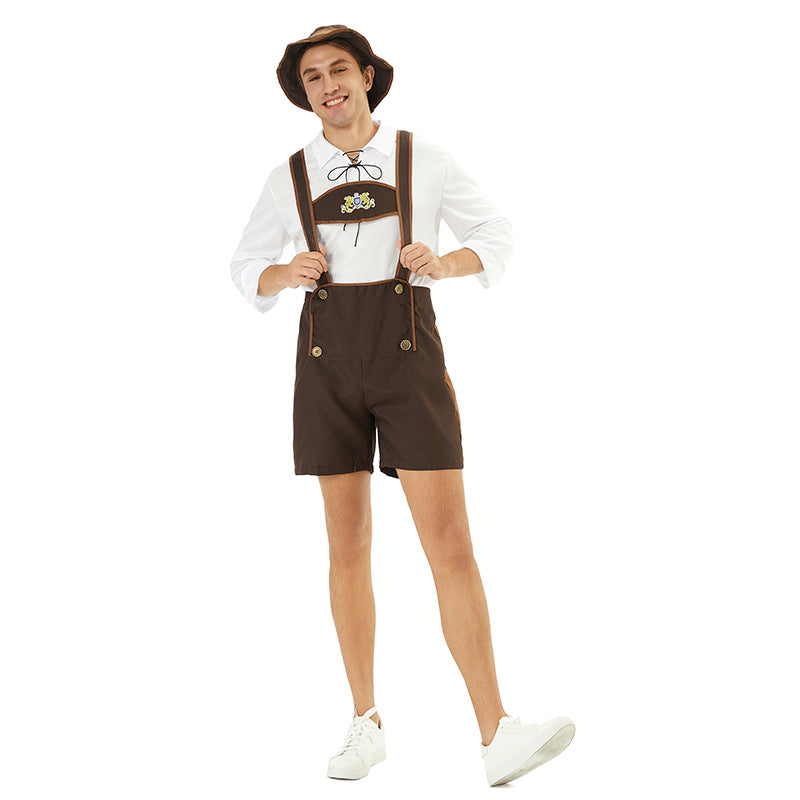 Herren nan kurze Trachtenlederhose mit verstellbaren Trägern und besticktem Brustlatz Drune
