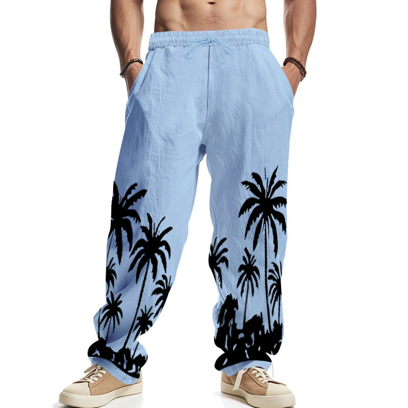 Herren nan weite Freizeit-Hose aus Baumwoll-Leinen-Mix mit Palmenprint, Elastikbund und Kordelzug Drune
