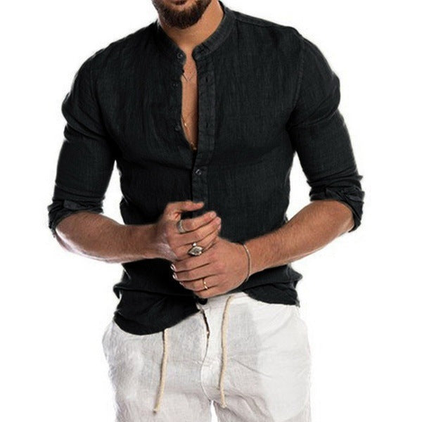 Herren nan Leinenhemd mit Stehkragen, durchgehender Knopfleiste und legerer Slim-Fit-Passform Drune