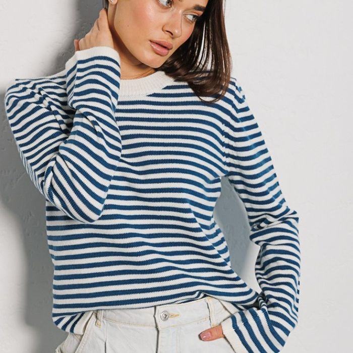 Damen gestreifter, lässiger Pullover aus hochwertigem Baumwollmix Drune