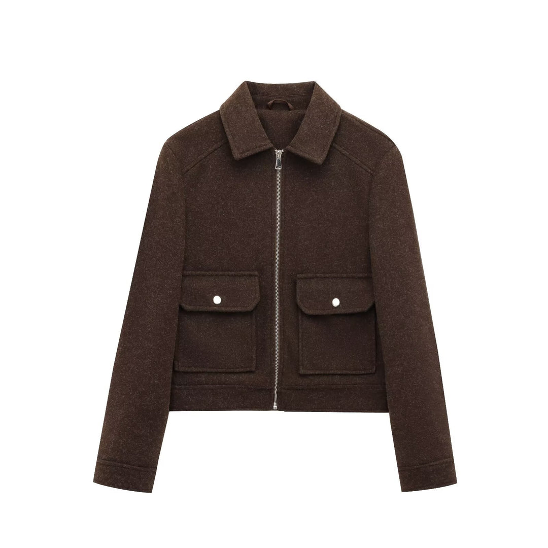 Damen Kurze Wollimitat-Fieldjacke mit durchgehendem Reißverschluss und vier aufgesetzten Pattentaschen Drune