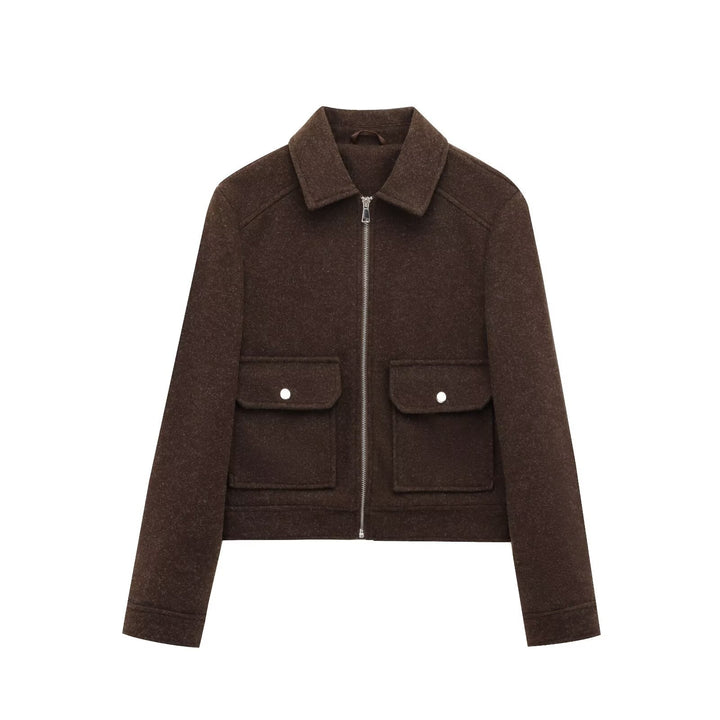 Damen Kurze Wollimitat-Fieldjacke mit durchgehendem Reißverschluss und vier aufgesetzten Pattentaschen Drune