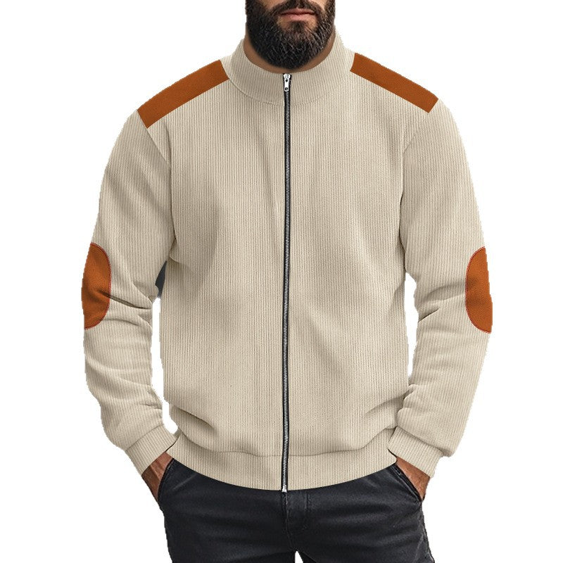 Herren nan Cordjacke mit Reißverschluss Stehkragen und Ellbogen-Patches Drune