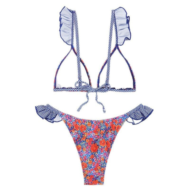 Damen Triangel-Bikini mit verspielten Rüschendetails und floralem Muster Drune