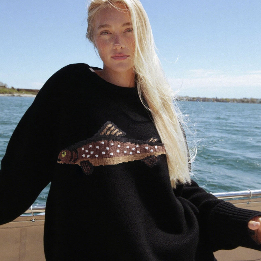 Damen Oversize Strickpullover mit Fisch-Jacquard, Halbkragen und Rippenbündchen Drune