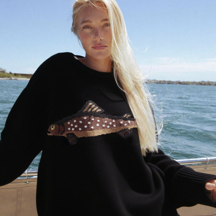 Damen Oversize Strickpullover mit Fisch-Jacquard, Halbkragen und Rippenbündchen Drune
