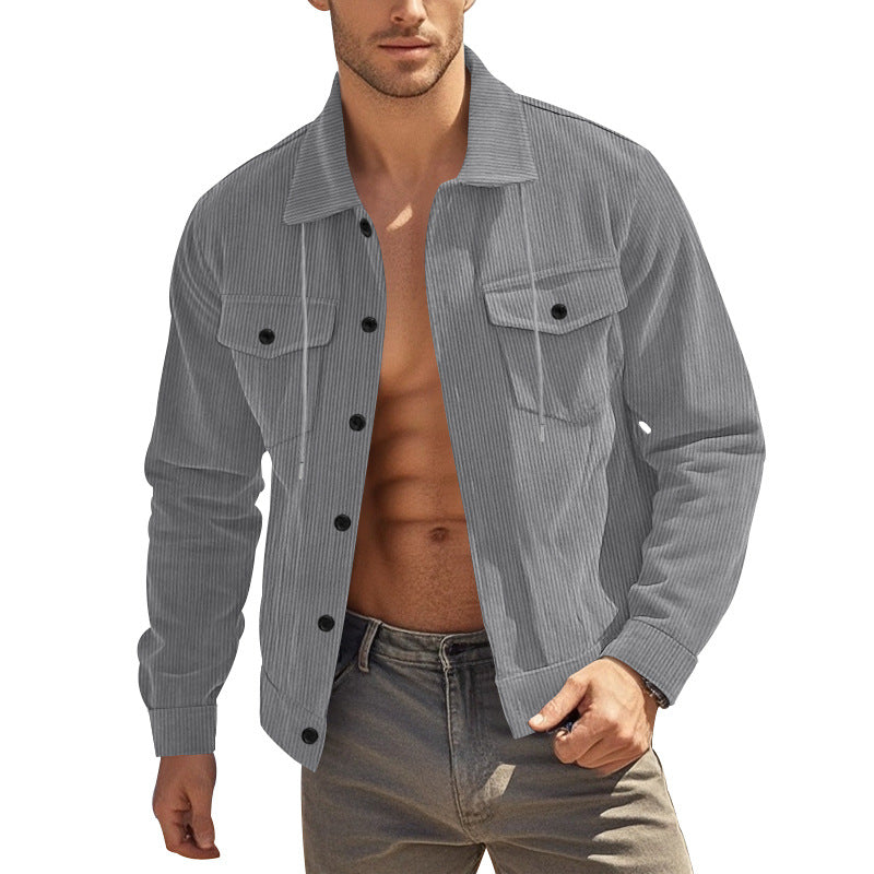Herren nan lässige fein gerippte Cordjacke mit Stehkragen, Brusttaschen und elastischem Saum Drune