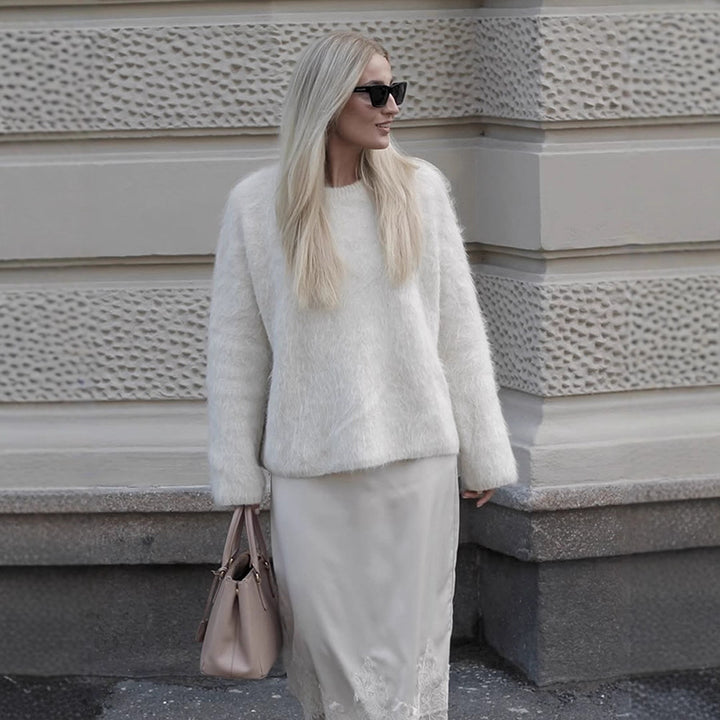 Damen Kuscheliger Mohair‑Optik Pullover mit Rundhalsausschnitt und legerer Silhouette Drune