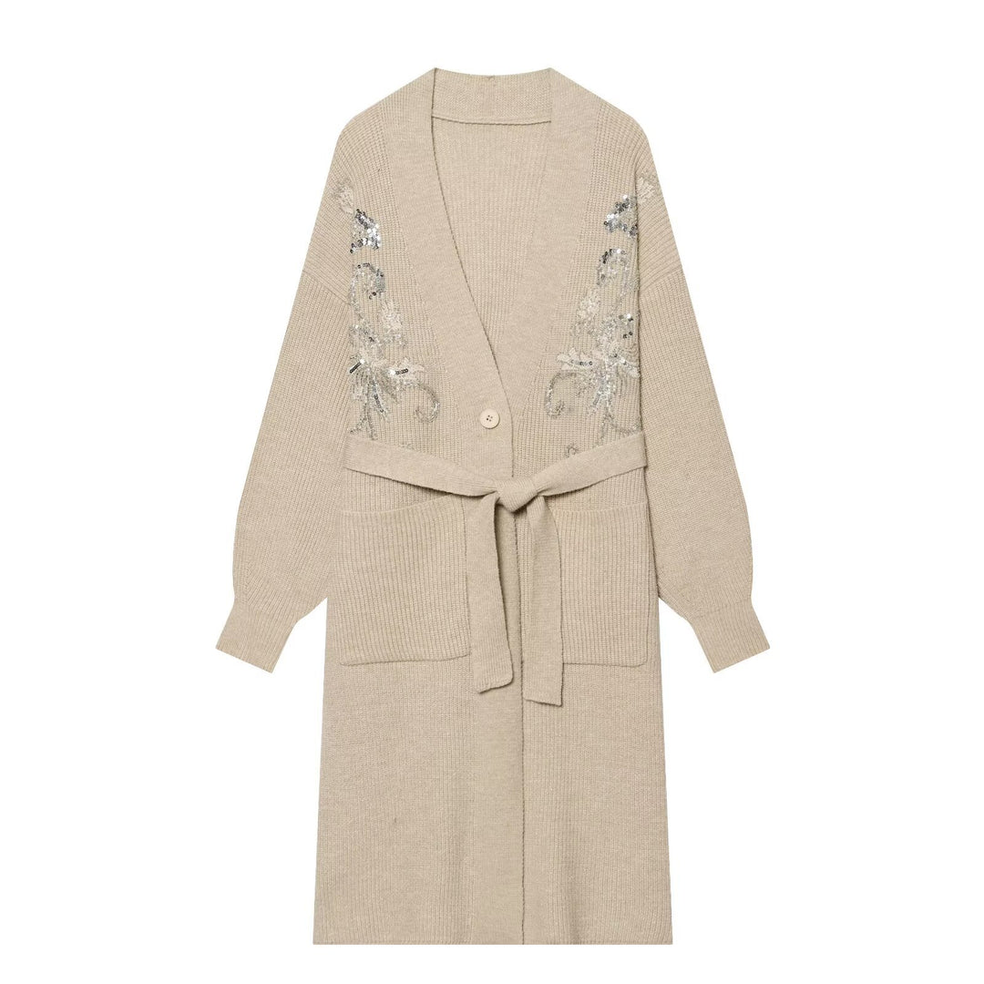 Damen Langer Strickcardigan mit Taillengürtel und Pailletten‑Stickerei Drune