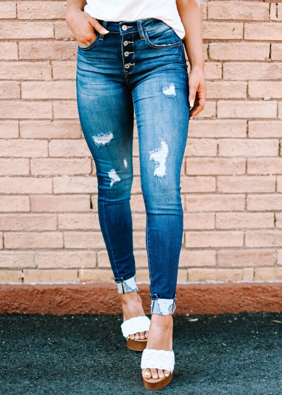 Damen hochtaillierte Skinny Jeans mit ausgefranstem Saum Drune